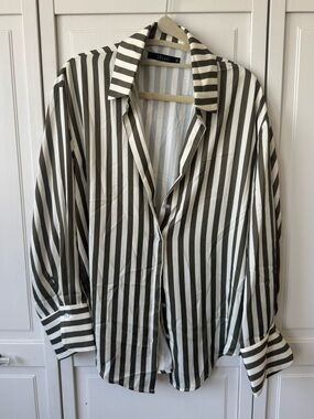 Deluc Olive Green and White Vertical Stripe Button-Up Blouse